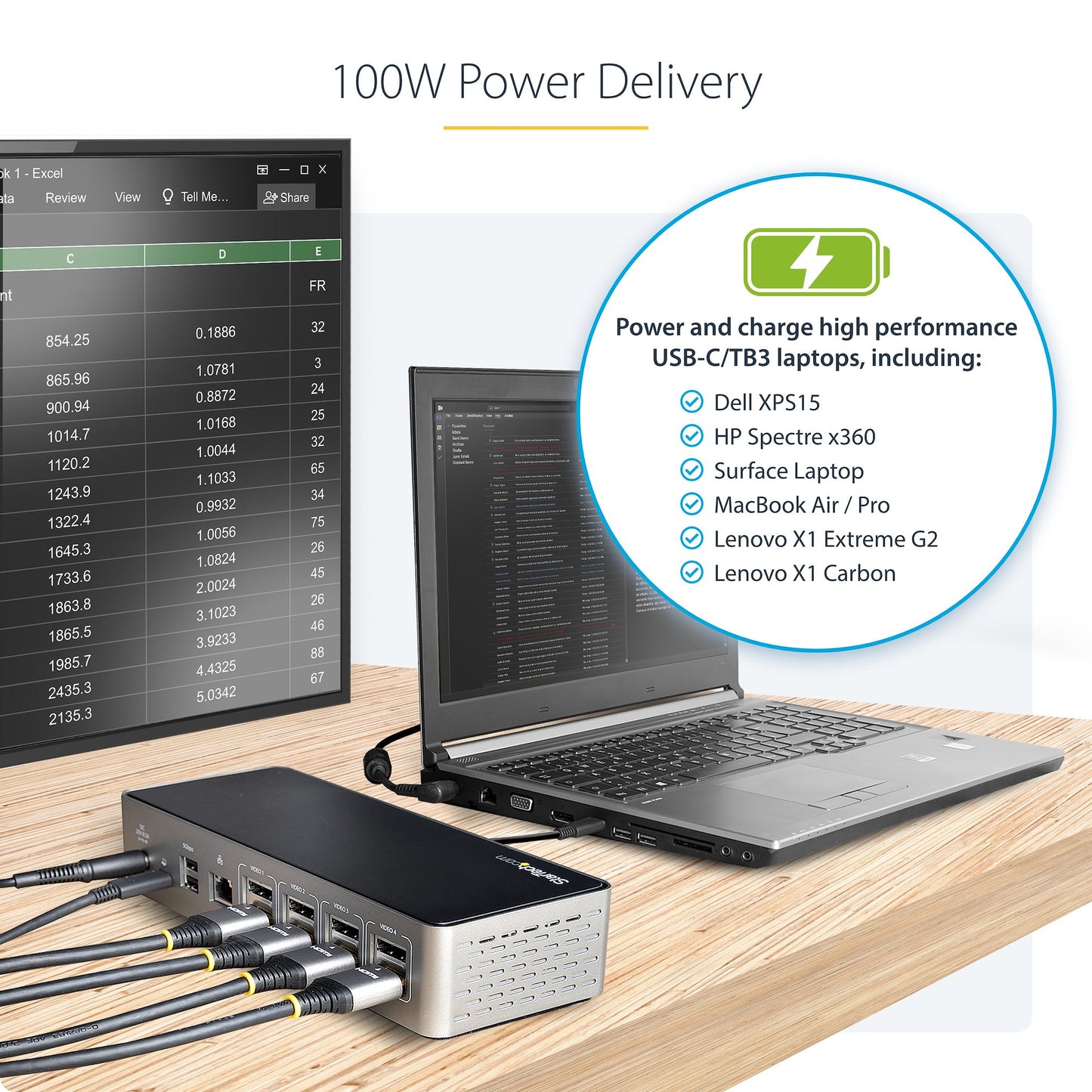 USB C Dock - 4K 60Hz Quad Monitor DisplayPort & HDMI - Universal USB-C Docking Station with 100W Power Delivery - USB Hub with 1x USB Type-C & 3x USB-A, Ethernet, Audio