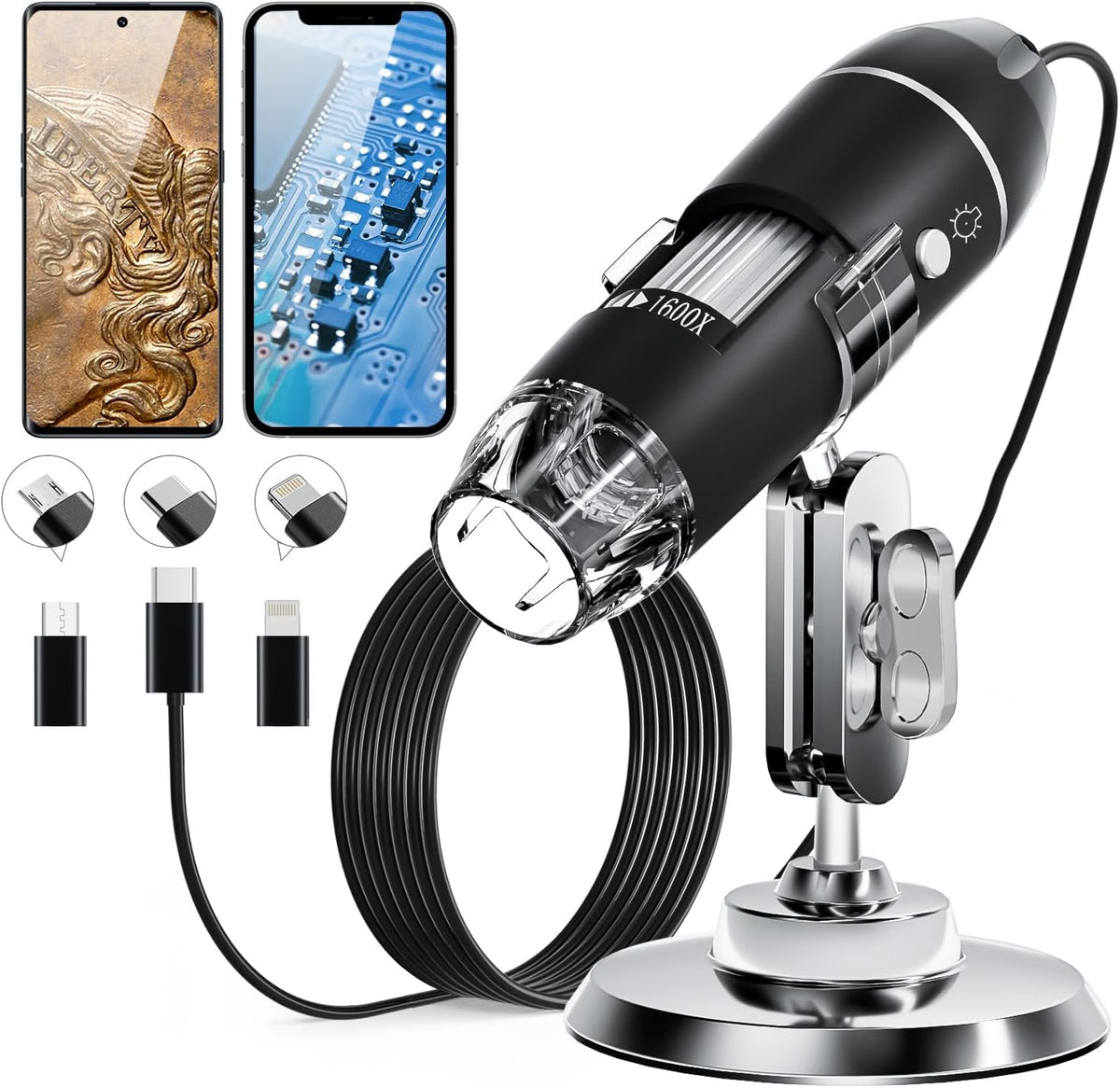 USB Digital Microscope Camera – 50x–1600x Handheld HD Inspection Microscope with Adjustable Stand, 8 LED Lights – Portable Microscope for iOS & Android - PuriLite