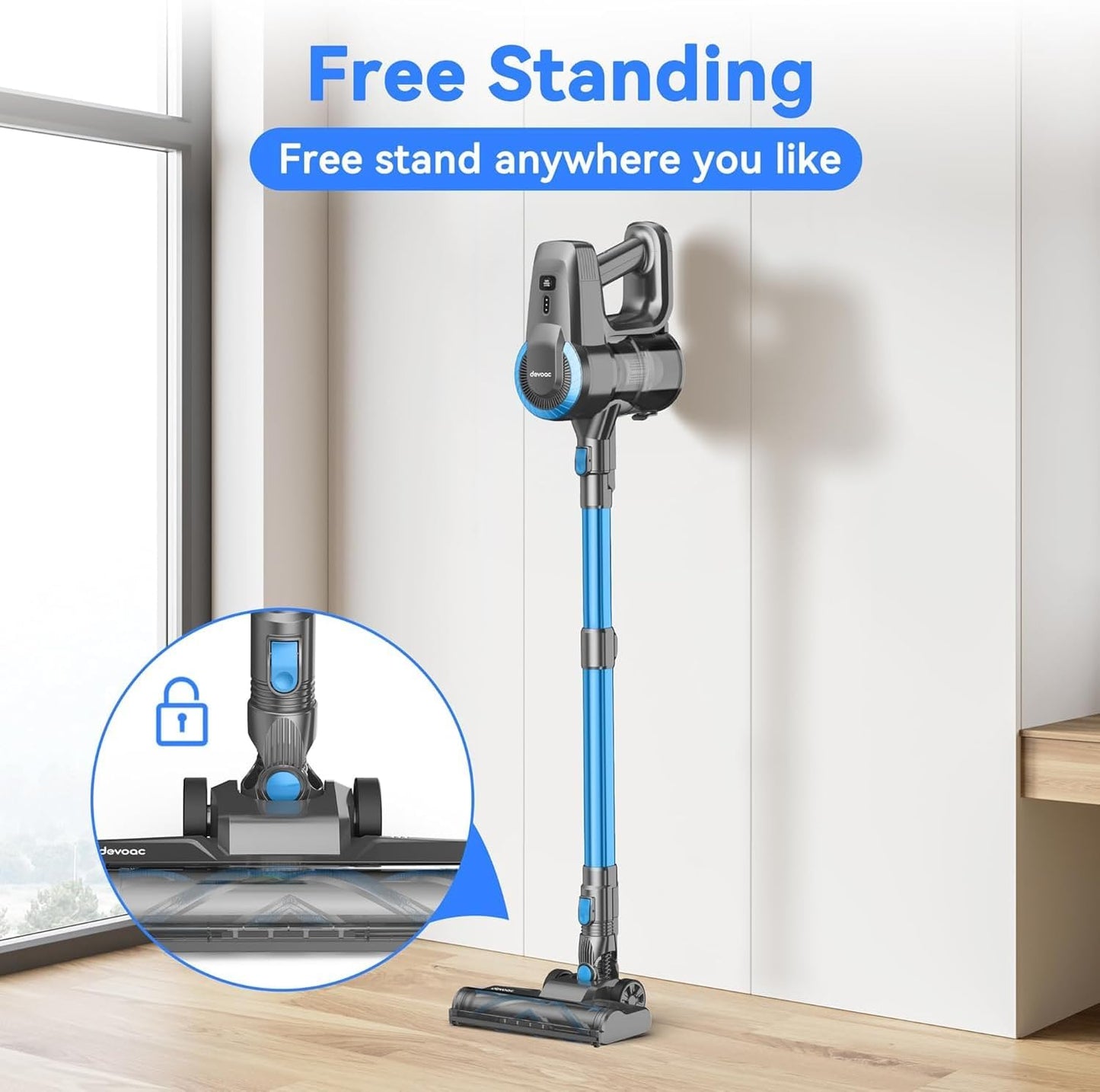 DEVOAC N300 Cordless Vacuum Cleaner, 6 in 1 Lightweight Stick Vacuum, 2200mAh Battery Up to 40mins Runtime, Powerful Handheld Vacuum for Hard Floor Rug Pet Hair Home Dorm (Blue)