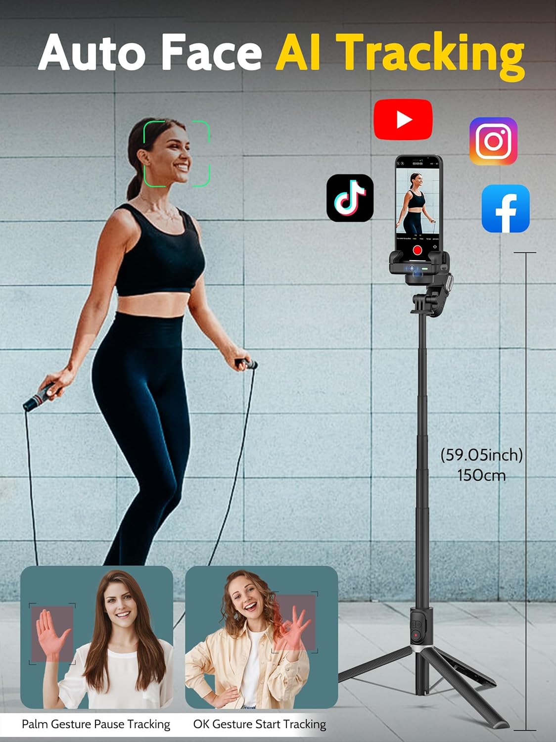 Auto Face Tracking Tripod 360° Rotation – Phone Stand Follow You for Video Recording, Selfie Stick Tripod with RGB Light & Remote Control (M2Pro Black) - PuriLite