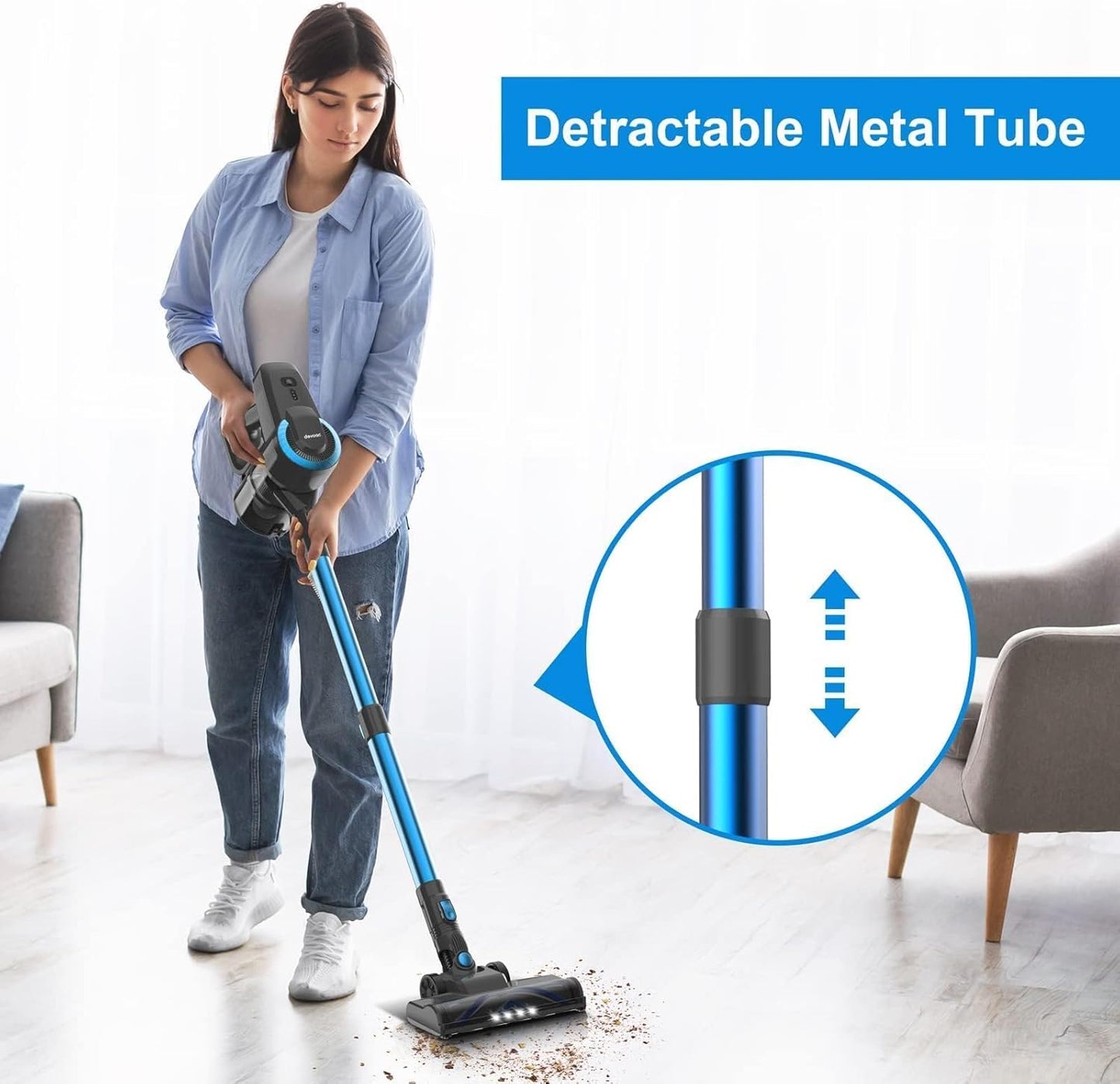 DEVOAC N300 Cordless Vacuum Cleaner, 6 in 1 Lightweight Stick Vacuum, 2200mAh Battery Up to 40mins Runtime, Powerful Handheld Vacuum for Hard Floor Rug Pet Hair Home Dorm (Blue)