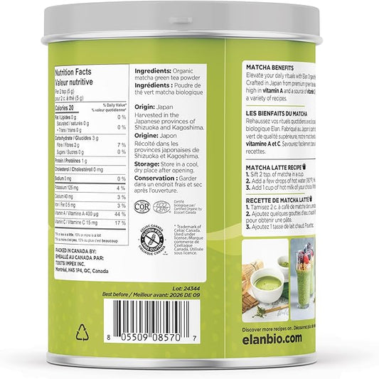 ELAN Organic Japanese Matcha Green Tea Powder, Non-GMO, Vegan, Gluten-Free, Kosher 250g - PuriLite