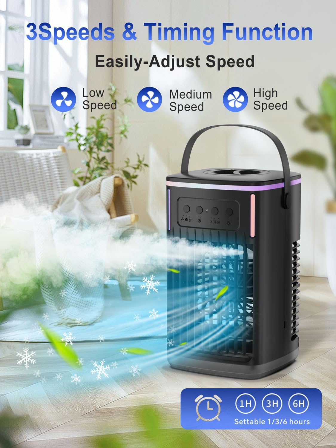 4 in 1 Portable Air Conditioners Fan with Remote,1500ml Water Tank, 3 Wind Speeds, 1-6H Timer, 2 Cool Mist, Personal AC Mini Air Conditioner for Room Bedroom Office Camping (Black)