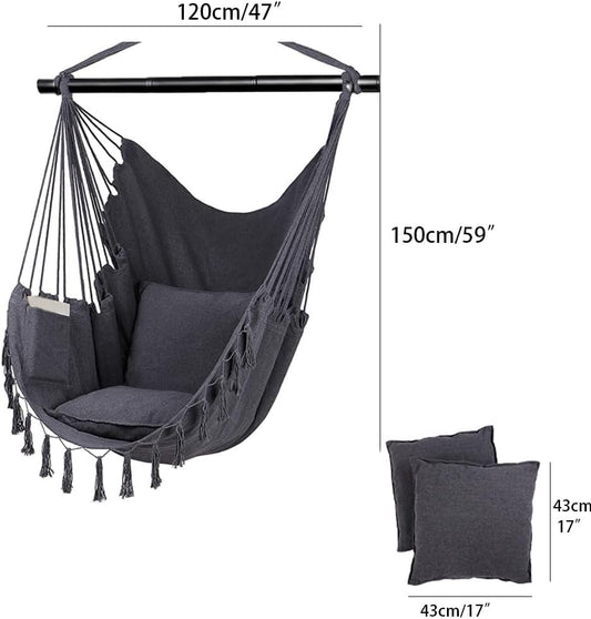 Klhamky Hammock Chair Swing with Hanging Hardware Kit- Beige, Cotton Canvas, Include Two Seat Cushions, for Bedroom Indoor Outdoor, Max. Weight 330 Lbs (Dark Grey)