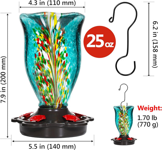LUJII Bloom Shaped Hummingbird Feeders for Outdoors, Hand Blown Glass Hummingbird Feeder for Outside with S Hook, 25 fl.oz, 5 Feeding Perches, Leak Proof, Multiple Functions Vase or Garden Decor, Teal - PuriLite