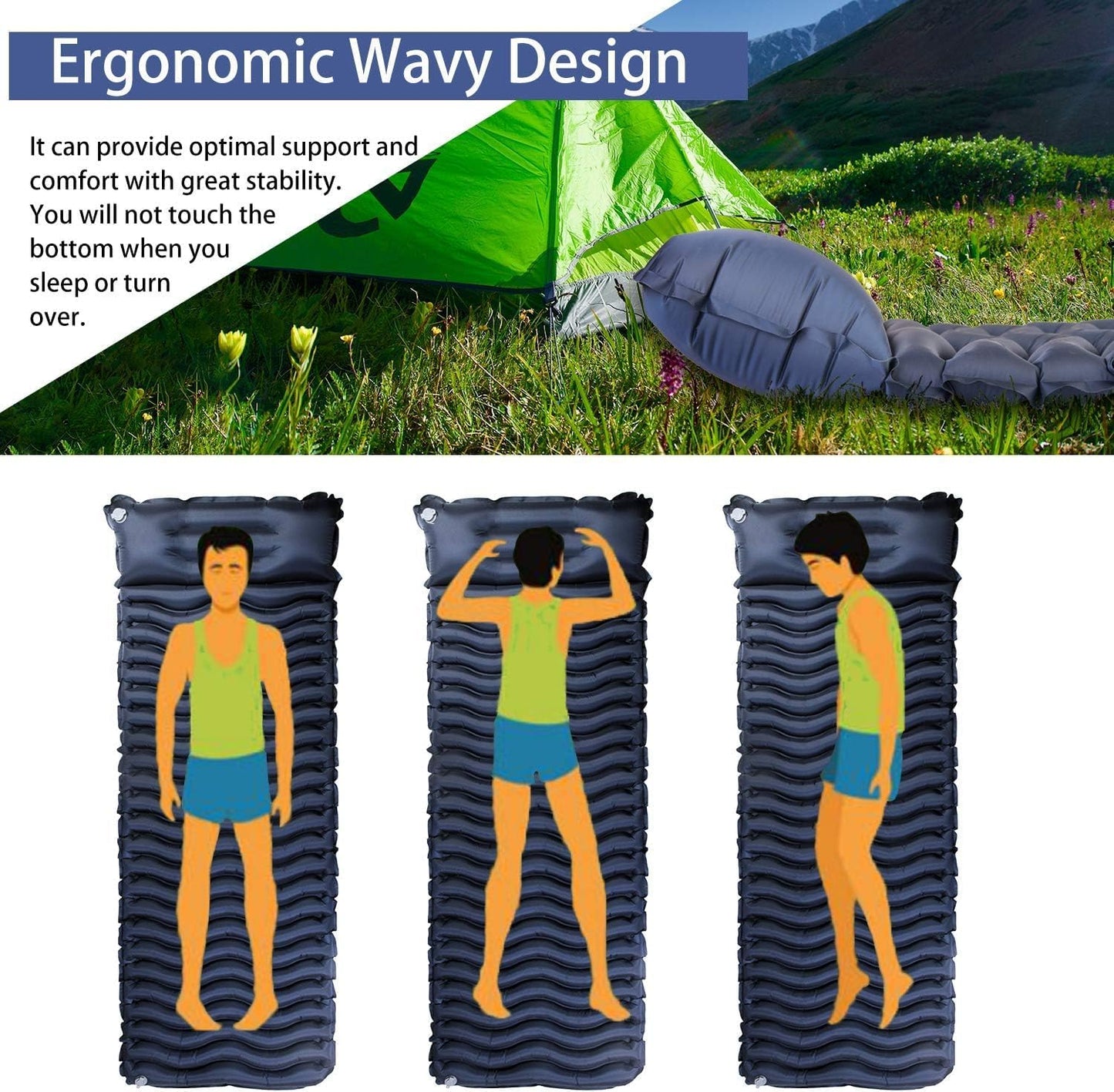 Unigear Ultralight Inflatable Sleeping Pad, Compact Air Camping Mat for Backpacking, Hiking and Traveling (Navy Blue Pad with Pillow)
