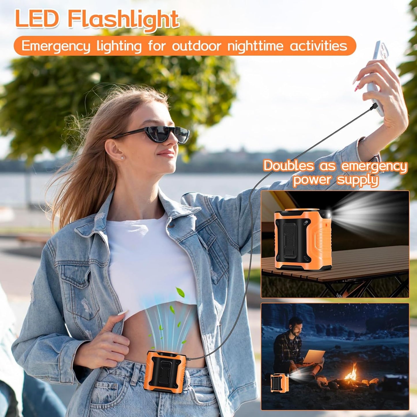 WIOR Portable Waist Fan, 12000RPM Rechargeable Wearable Personal Hanging Neck Cooling Fan Clip on Under Shirt Belt Hands-Free with 10 Speeds & Flashlight for Camping Travel Outdoor Working Jobsite