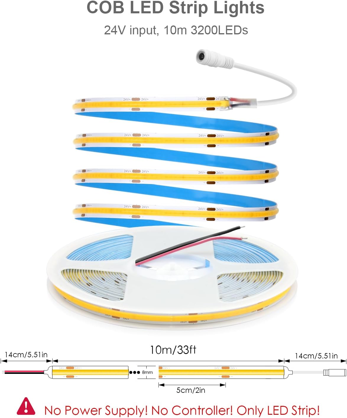 ALITOVE 24V COB LED Strip Lights Warm White 3000K Uniform Glow LED Tape Light 32.8ft 3200 LEDs High Density 320leds/M CRI90 Flexible Dimmable LED Lights for Bedroom Home Cabinet Indoor Decoration