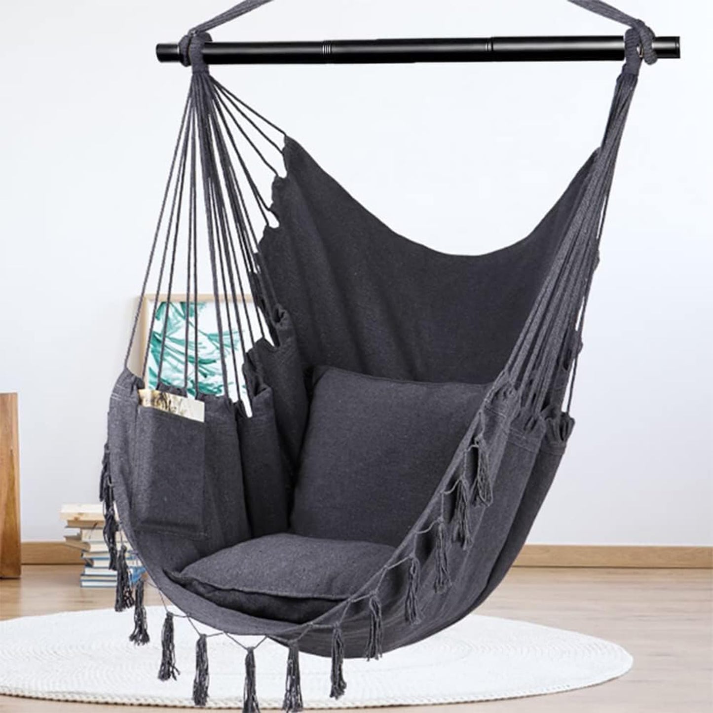 Klhamky Hammock Chair Swing with Hanging Hardware Kit- Beige, Cotton Canvas, Include Two Seat Cushions, for Bedroom Indoor Outdoor, Max. Weight 330 Lbs (Dark Grey)