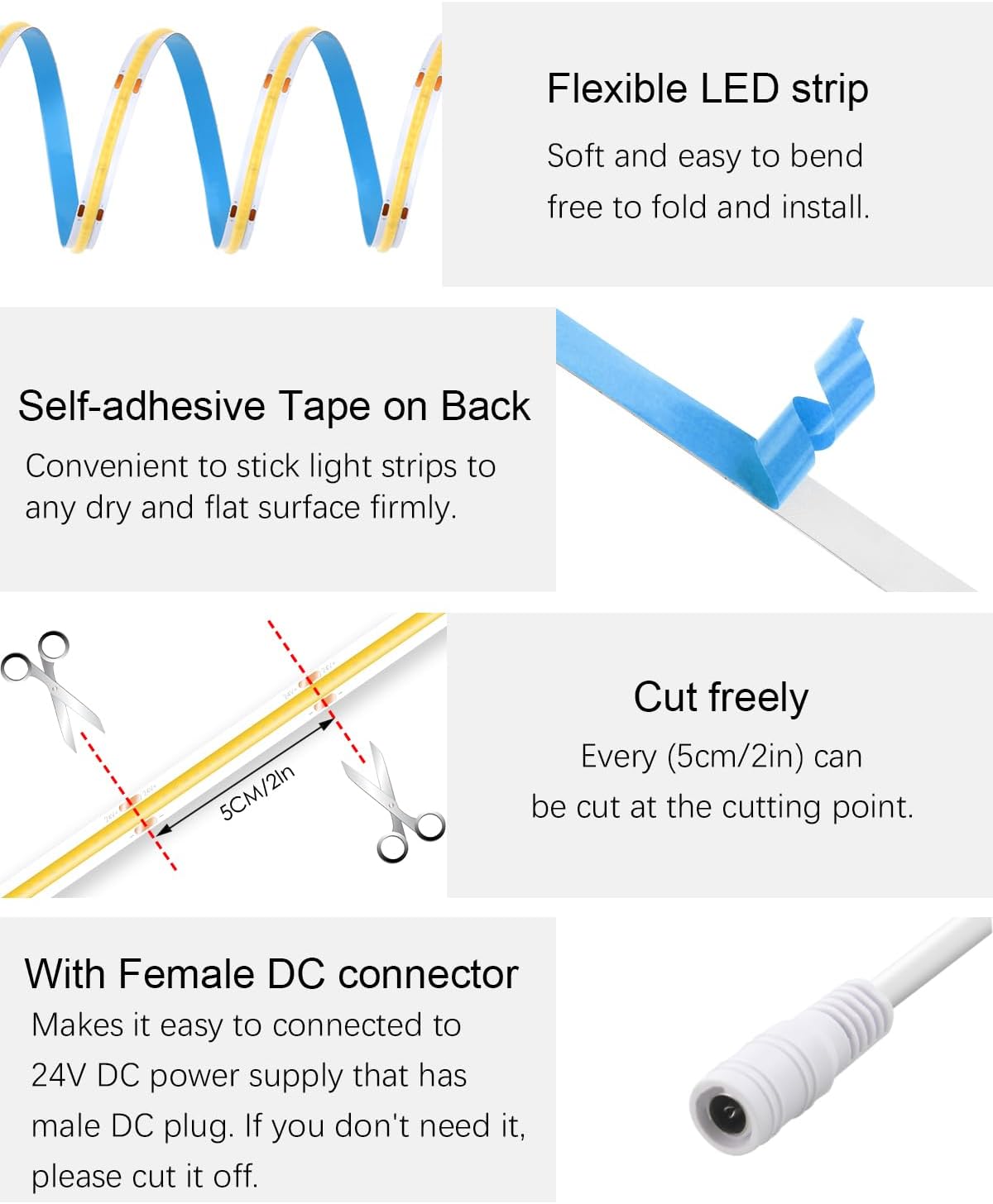ALITOVE 24V COB LED Strip Lights Warm White 3000K Uniform Glow LED Tape Light 32.8ft 3200 LEDs High Density 320leds/M CRI90 Flexible Dimmable LED Lights for Bedroom Home Cabinet Indoor Decoration