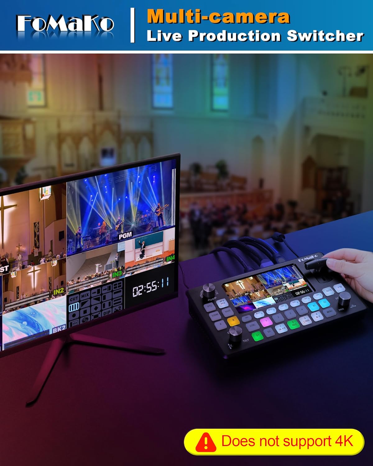 FoMaKo Video Mixer Switcher 5.5 Inch FHD LCD Screen 4-Channel HDMI Live Streaming Switcher 1080p 60FPS USB Recording USB3.0 Output PTZ Controller HDMI Video Switcher (KC601 Pro Black)