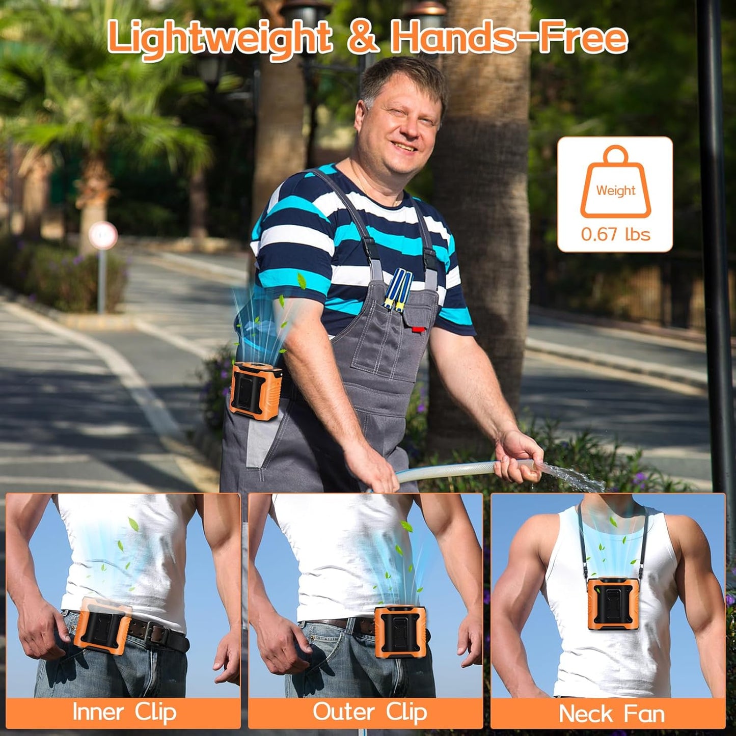 WIOR Portable Waist Fan, 12000RPM Rechargeable Wearable Personal Hanging Neck Cooling Fan Clip on Under Shirt Belt Hands-Free with 10 Speeds & Flashlight for Camping Travel Outdoor Working Jobsite