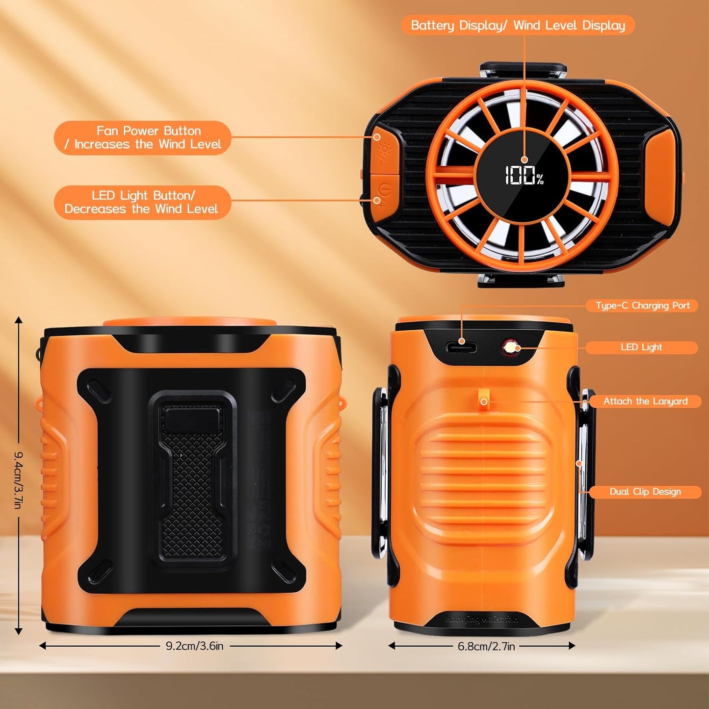 WIOR Portable Waist Fan, 12000RPM Rechargeable Wearable Personal Hanging Neck Cooling Fan Clip on Under Shirt Belt Hands-Free with 10 Speeds & Flashlight for Camping Travel Outdoor Working Jobsite