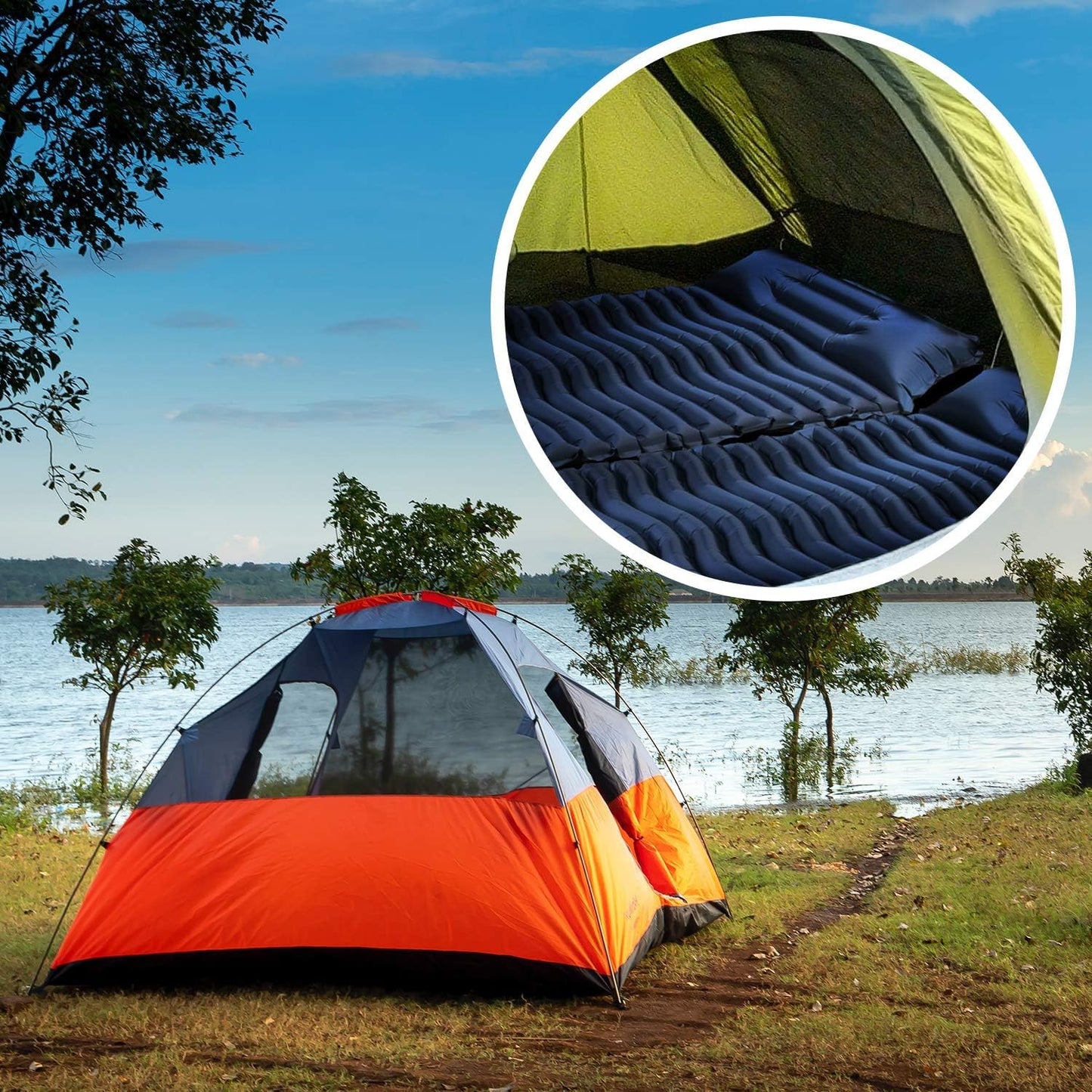 Unigear Ultralight Inflatable Sleeping Pad, Compact Air Camping Mat for Backpacking, Hiking and Traveling (Navy Blue Pad with Pillow)