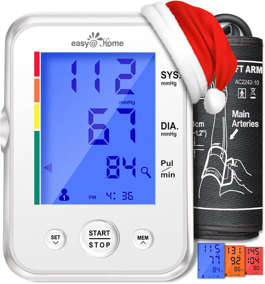 Blood Pressure Monitor for Home Use: Easy@Home Upper Arm Large Cuff BP Machine - Automatic Tensiometer with 3-Color Backlit Hypertension Display and Pulse Meter Irregular Heartbeat Indicator 2 Users EBP-095