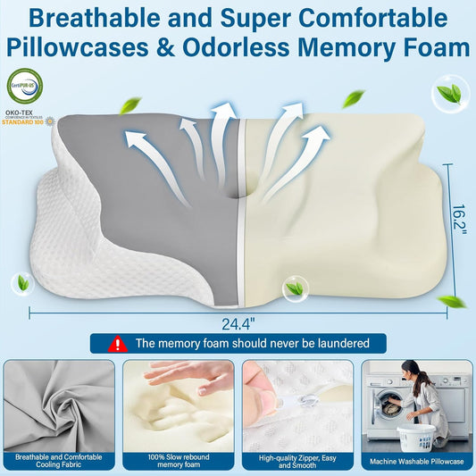 Ehomfory Memory Foam Pillow for Neck Pain Relief, Ergonomic Neck Pillow Cervical Pillow for Shoulder Pain, Cooling Bed Pillow for Side Back Stomach Sleepers - Gray - PuriLite
