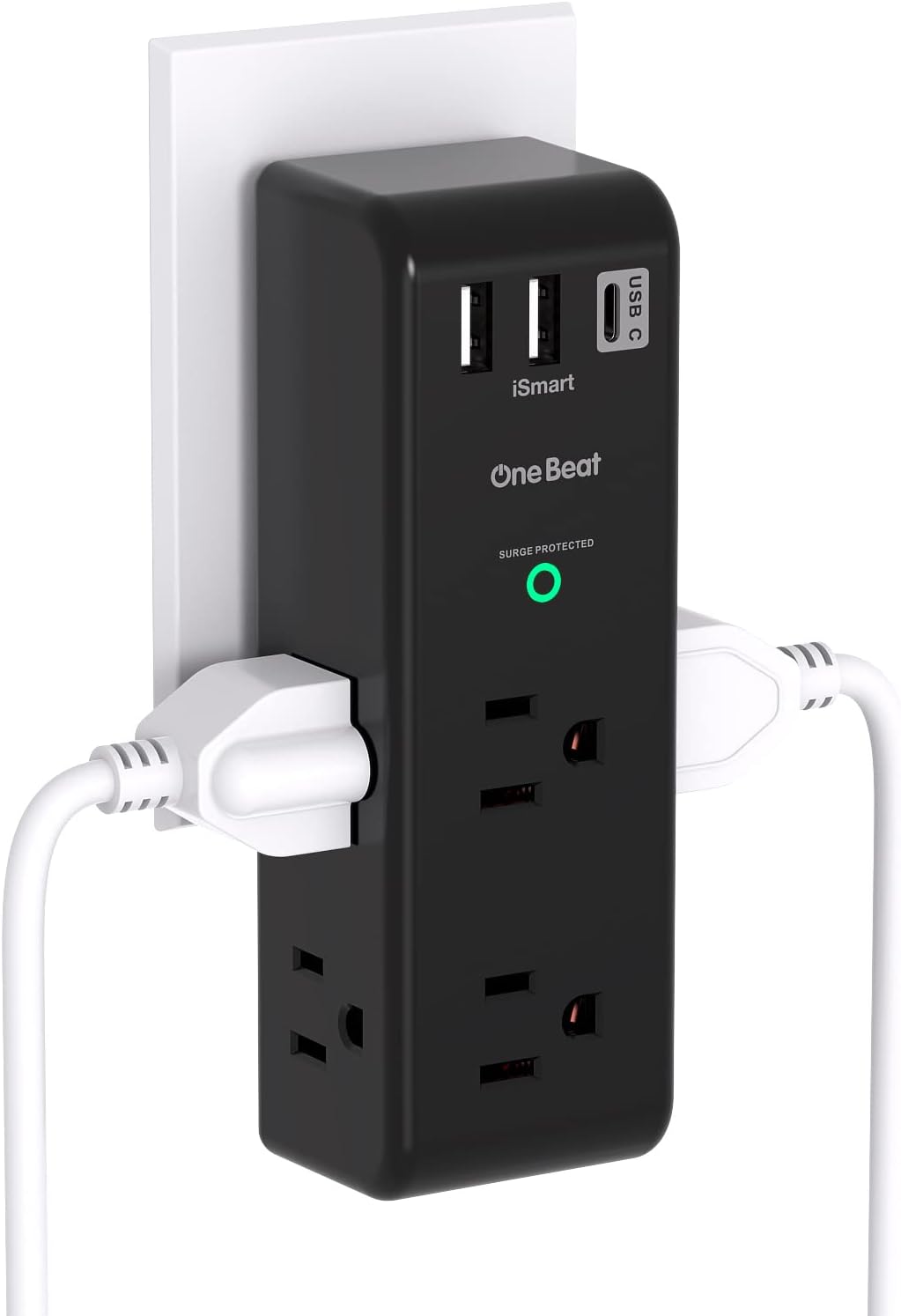Surge Protector Outlet Extender with Rotating Plug, 6 AC Multi Outlet Adapter with USB-C, 1800 Joules 3-Sided Swivel Power Strip for Dorm, Office, and Home - PuriLite