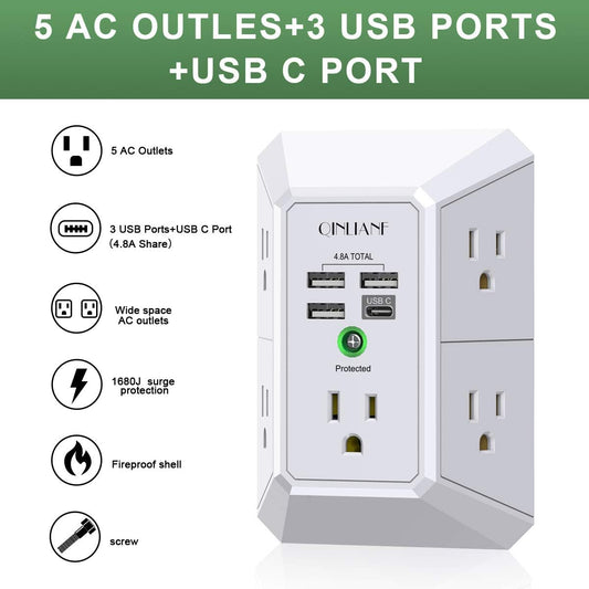 Wall Charger Surge Protector Outlet Extender with USB-C, 5 AC Outlets and 4 USB Ports, 1680 Joules 3-Sided Multi Plug Adapter for Home Office and Travel - PuriLite
