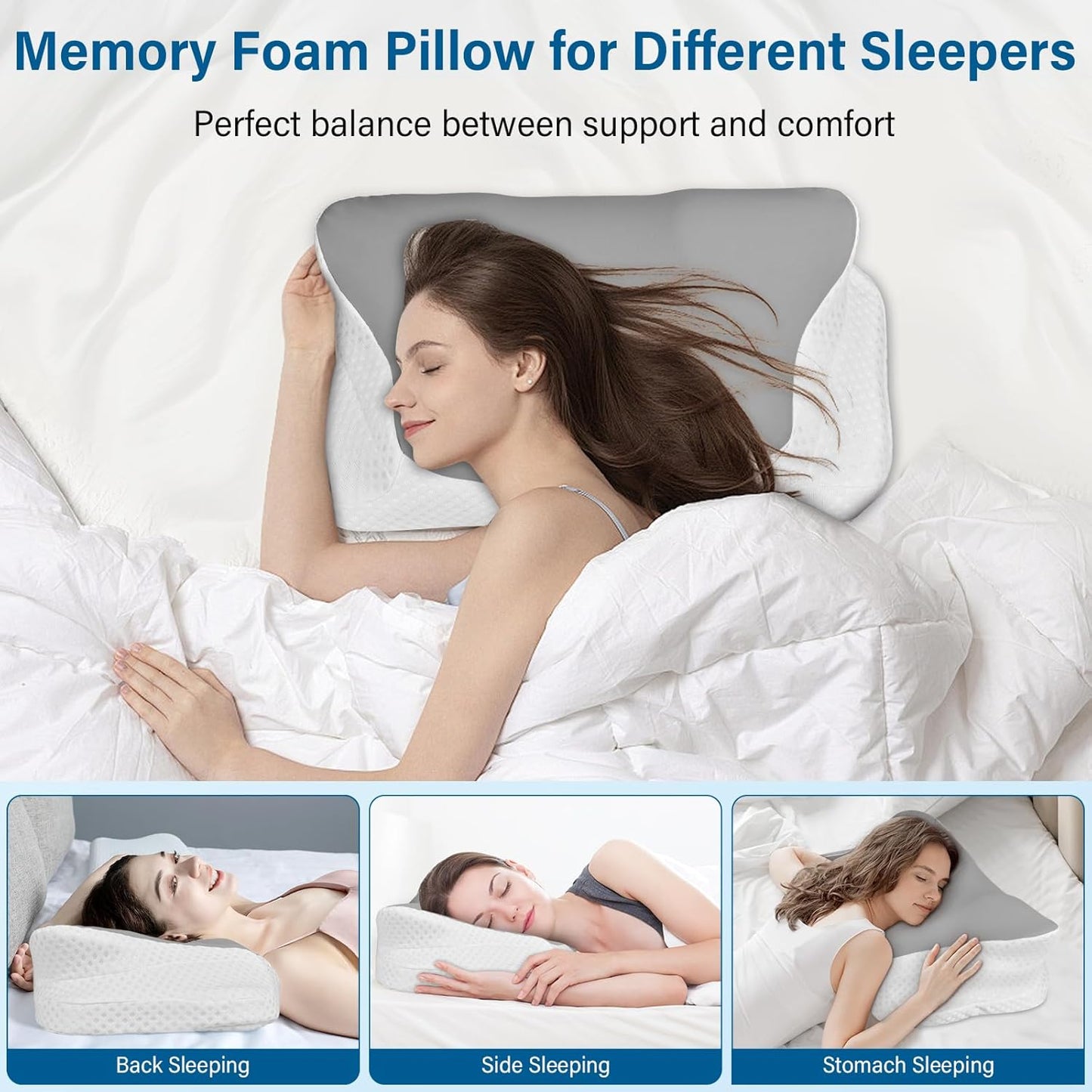 Ehomfory Memory Foam Pillow for Neck Pain Relief, Ergonomic Neck Pillow Cervical Pillow for Shoulder Pain, Cooling Bed Pillow for Side Back Stomach Sleepers - Gray