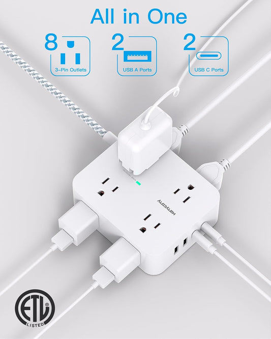 Surge Protector Power Bar with USB-C, 8 Outlet Power Strip with 4 USB Ports, Flat Plug and Braided Extension Cord, Wall Mount Desk Charging Station for Home Office and Dorm