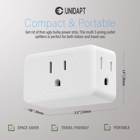 3 Outlet Multi Plug Wall Adapter 2 Pack, Grounded Outlet Splitter Plug Expander for Home Office Dorm and Travel Use - PuriLite