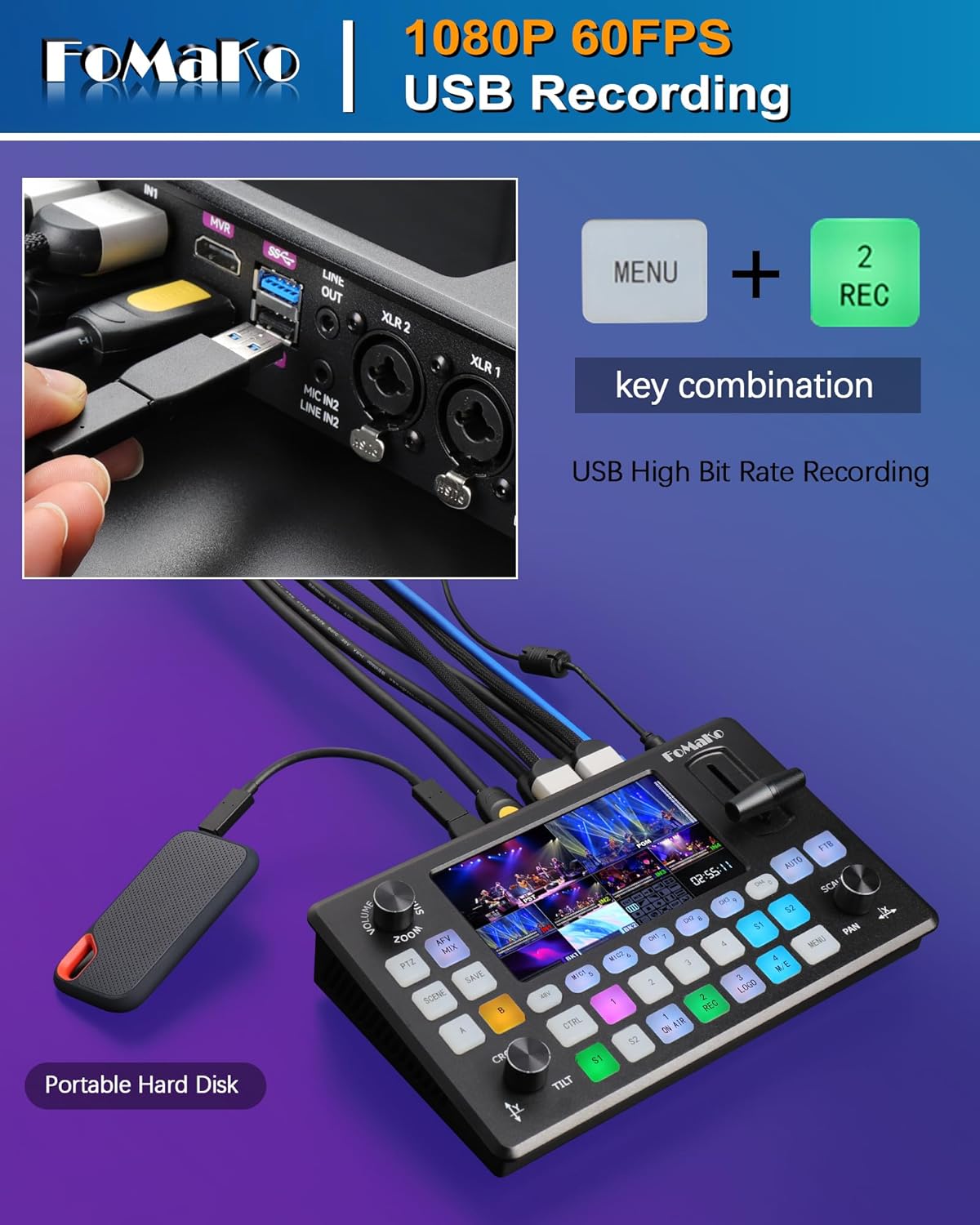 FoMaKo Video Mixer Switcher 5.5 Inch FHD LCD Screen 4-Channel HDMI Live Streaming Switcher 1080p 60FPS USB Recording USB3.0 Output PTZ Controller HDMI Video Switcher (KC601 Pro Black)
