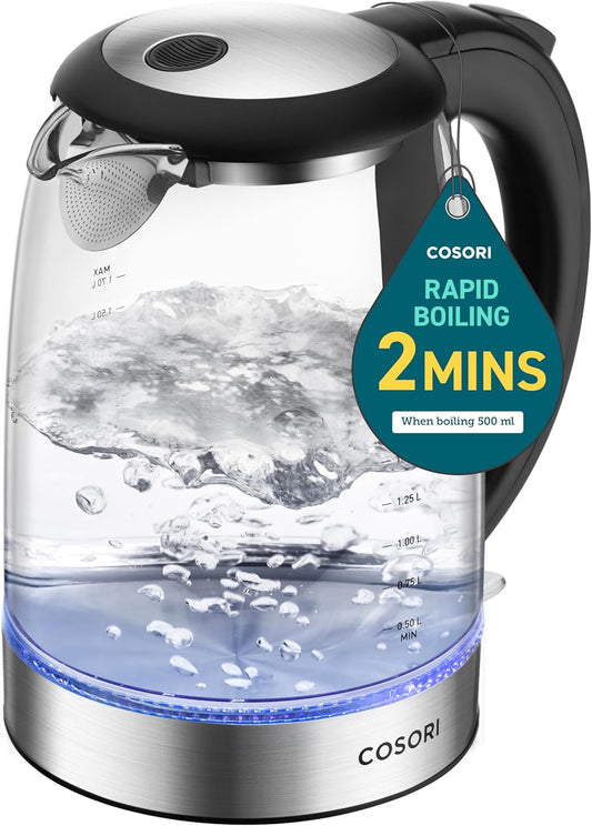 COSORI Electric Kettle 1.7L, 1500W Wide Opening Glass Tea Kettle & Hot Water Boiler, Stainless Steel Filter And Inner Lid, LED Indicator Auto Shut-Off & Boil-Dry Protection, Cordless, BPA Free, Black