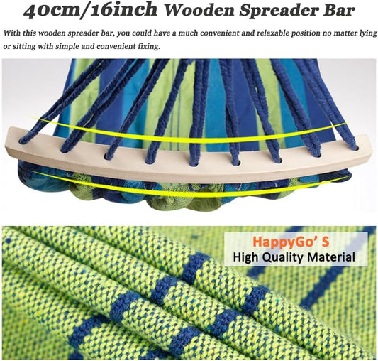 HappyGo 550lbs Camping Hammock Durable Canvas Fabric 9ft Hammock with Two Anti Roll Spreader Bar and Tree Straps for Backyard,Travel,Porch,Beach,Backpacking