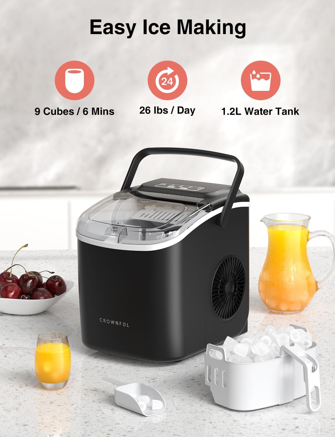 CROWNFUL Ice Maker Countertop with Handle, Self-Cleaning Ice Maker with Scoop and Basket,26lbs/24H,9 Cubes in 6 Mins,Portable Small Ice Machine with Scoop and Basket for Home Kitchen Office Bar Party