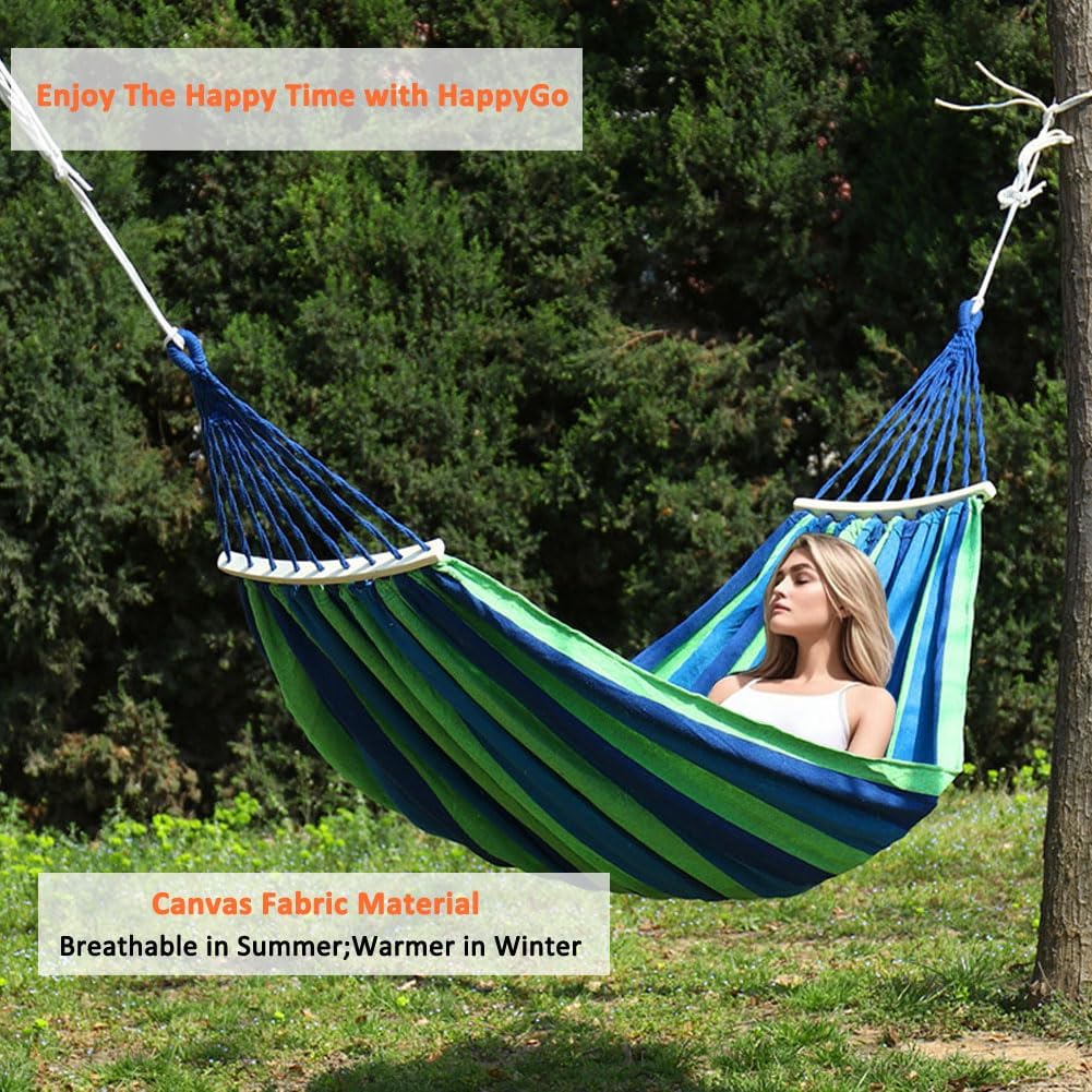 HappyGo 550lbs Camping Hammock Durable Canvas Fabric 9ft Hammock with Two Anti Roll Spreader Bar and Tree Straps for Backyard,Travel,Porch,Beach,Backpacking