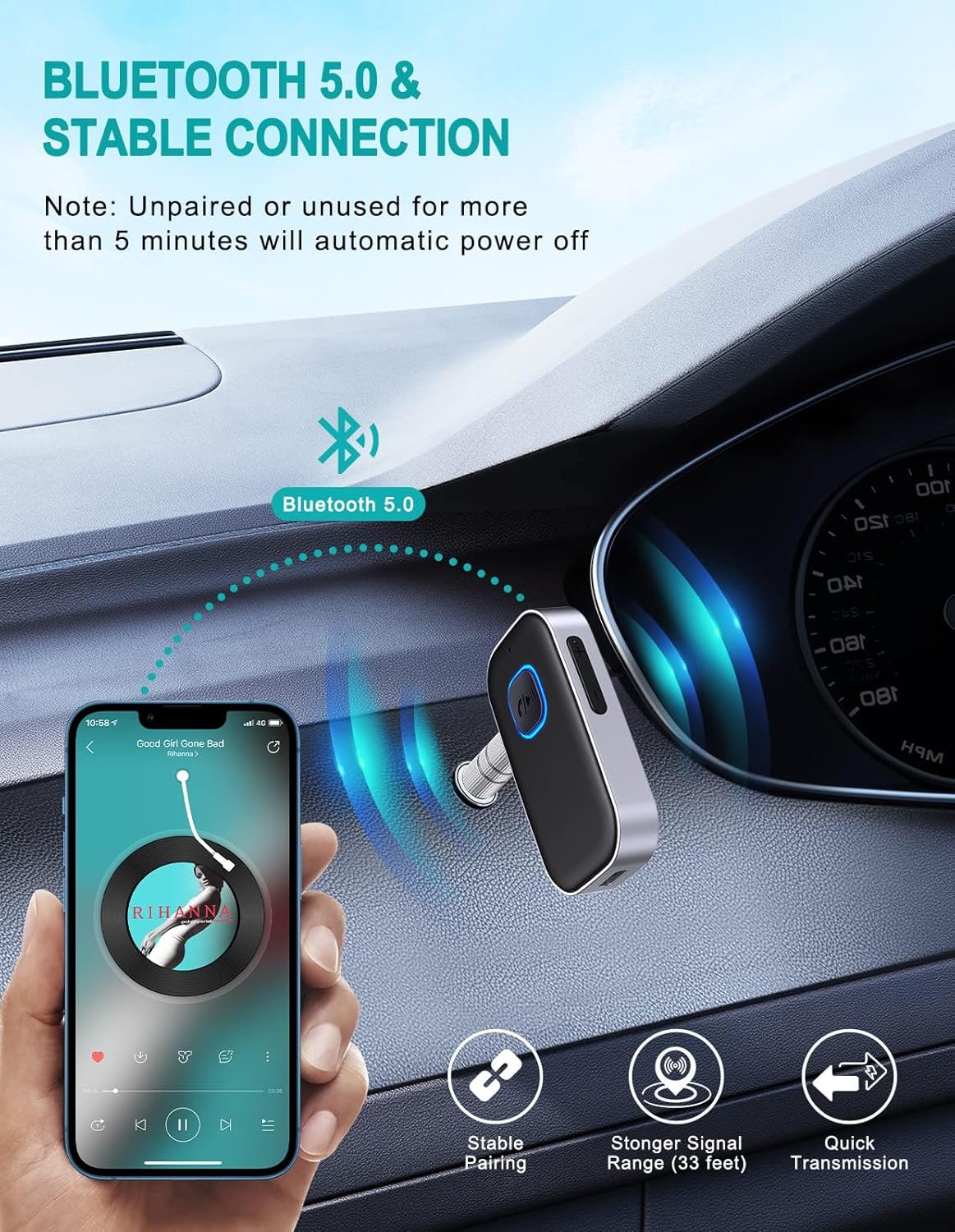 Bluetooth Car Adapter, WOCBUY 3.5mm AUX Bluetooth Receiver for Music Streaming, Wireless Music Audio Adapter with Built-in Mic, Home Stereo, Speakers (Handsfree Car Kits, 16H Playtime, Dual Link)