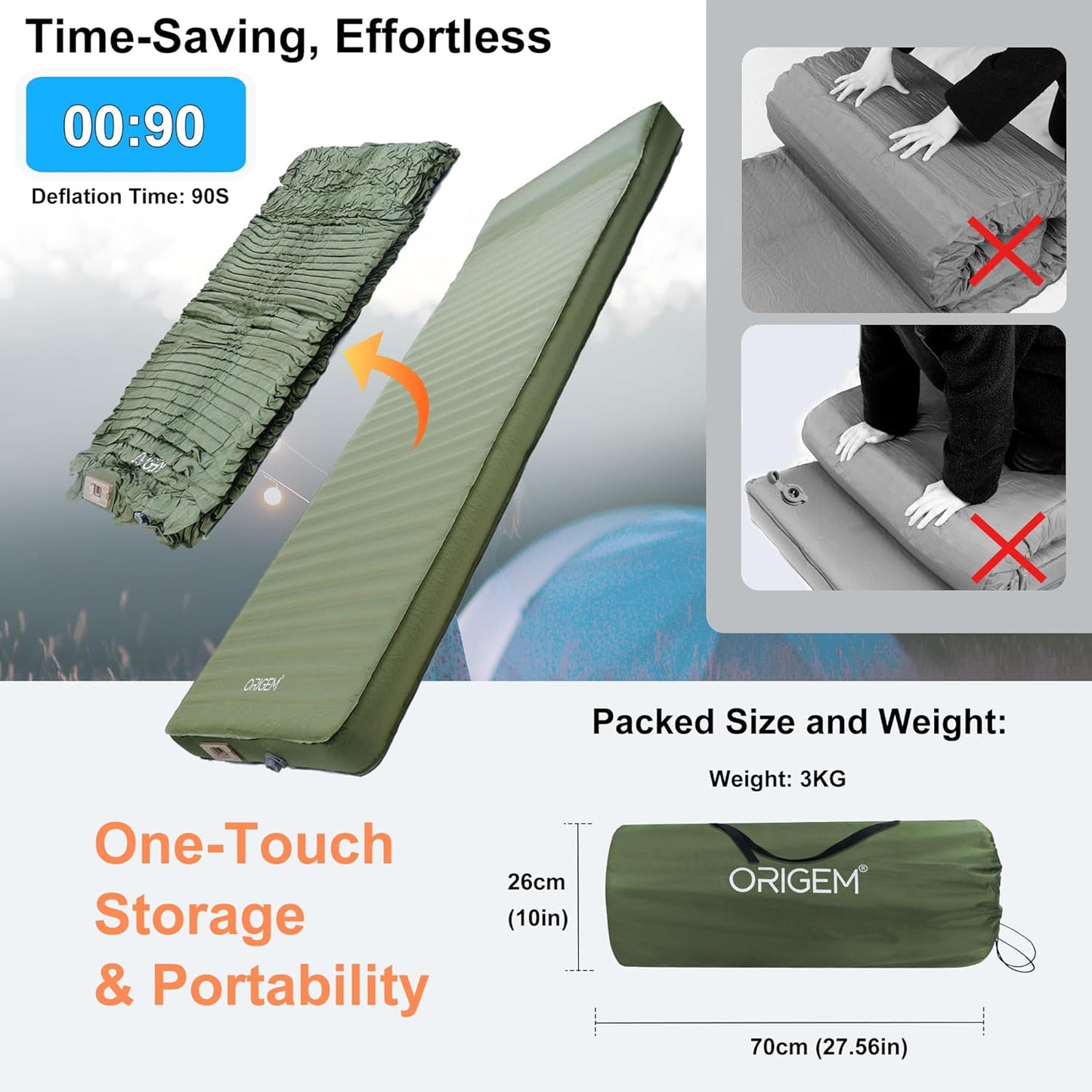 Self Inflating Sleeping Pad, 4" Ultra-Thick Camping Mattress with Built-in Pump, Foam Campinging Mat for Tent, Traveling and Car, Easy to Inflate and Deflate (Green)