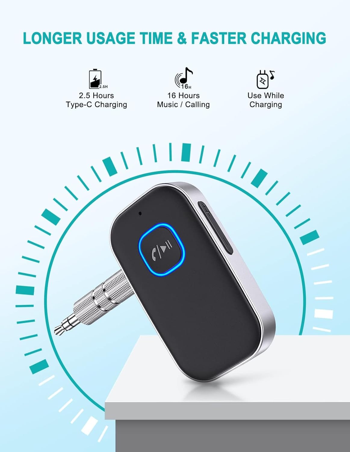 Bluetooth Car Adapter, WOCBUY 3.5mm AUX Bluetooth Receiver for Music Streaming, Wireless Music Audio Adapter with Built-in Mic, Home Stereo, Speakers (Handsfree Car Kits, 16H Playtime, Dual Link)