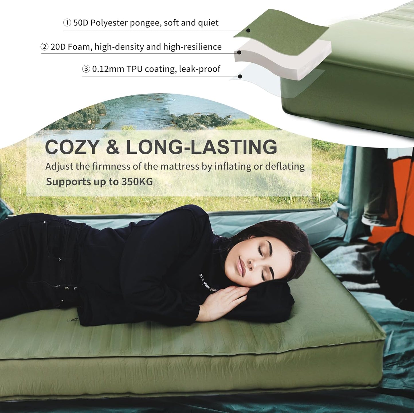 Self Inflating Sleeping Pad, 4" Ultra-Thick Camping Mattress with Built-in Pump, Foam Campinging Mat for Tent, Traveling and Car, Easy to Inflate and Deflate (Green)