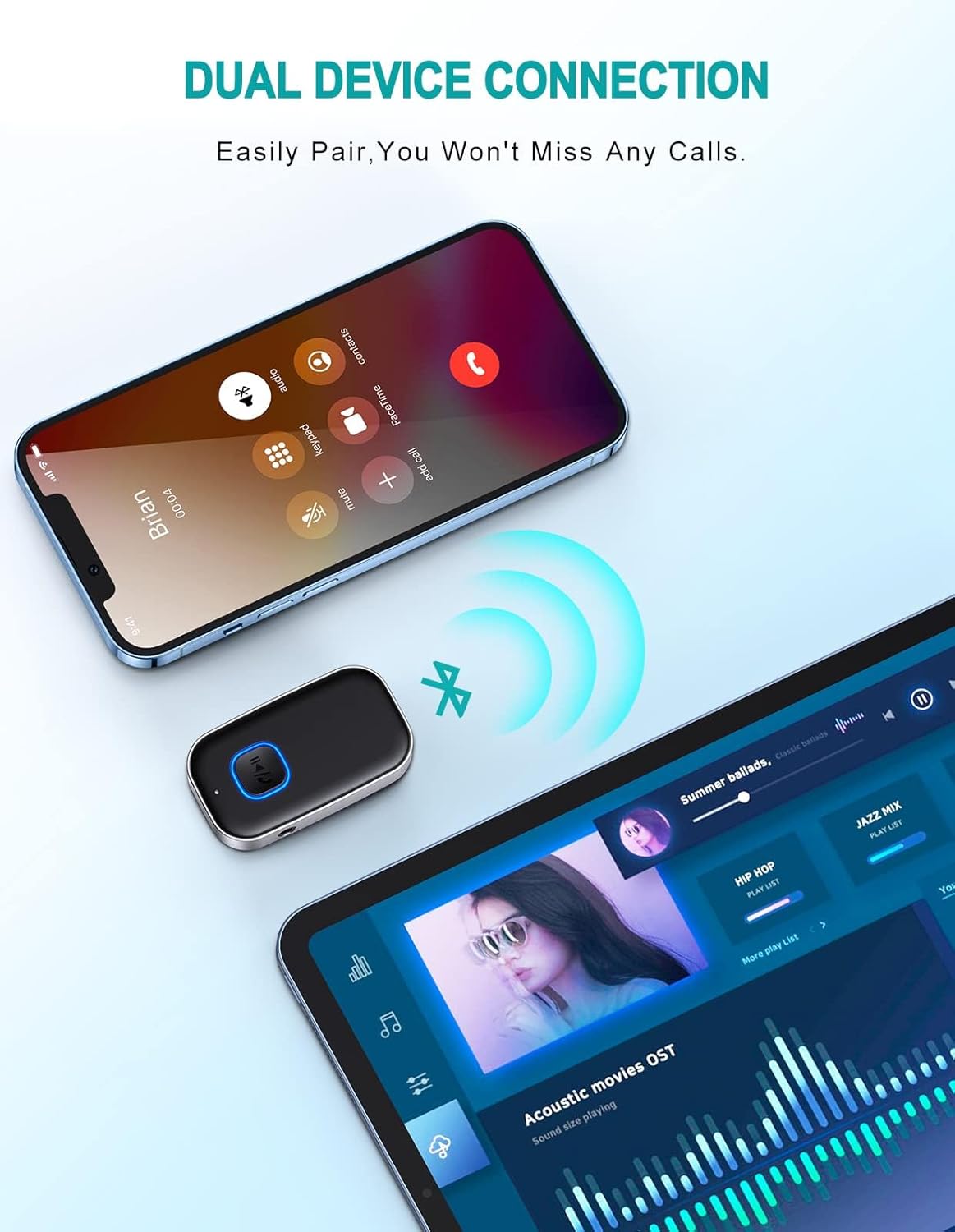 Bluetooth Car Adapter, WOCBUY 3.5mm AUX Bluetooth Receiver for Music Streaming, Wireless Music Audio Adapter with Built-in Mic, Home Stereo, Speakers (Handsfree Car Kits, 16H Playtime, Dual Link)