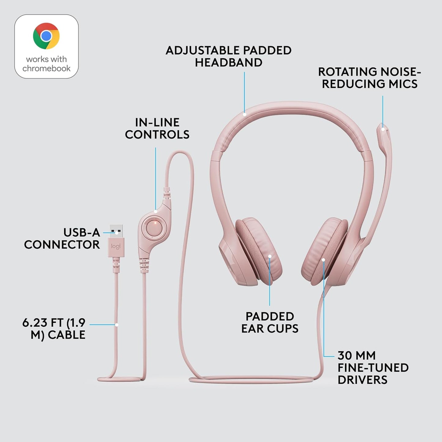 Logitech H390 Wired Headset for PC/Laptop, Stereo Headphones with Noise Cancelling Microphone, USB-A, in-Line Controls for Video Meetings, Music, Gaming and Beyond - Rose, 1 Pack