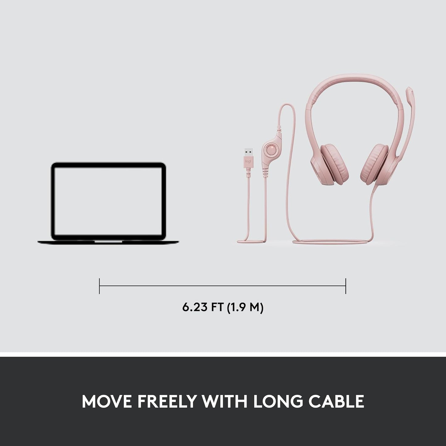Logitech H390 Wired Headset for PC/Laptop, Stereo Headphones with Noise Cancelling Microphone, USB-A, in-Line Controls for Video Meetings, Music, Gaming and Beyond - Rose, 1 Pack