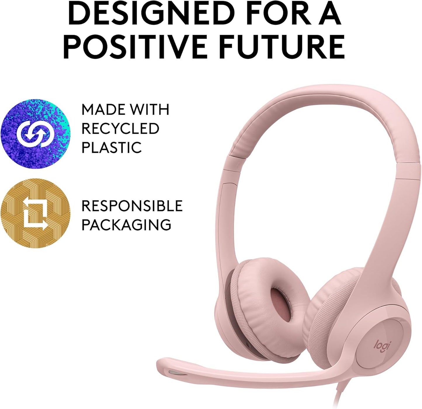 Logitech H390 Wired Headset for PC/Laptop, Stereo Headphones with Noise Cancelling Microphone, USB-A, in-Line Controls for Video Meetings, Music, Gaming and Beyond - Rose, 1 Pack