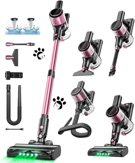 Cordless Vacuum Cleaner, 10 in 1 Stick Vacuum with Powerful Suction, Hose, Green LED Light, Anti-Tangle Brush, Lightweight Rechargeable Vacuum Cleaner for Home, Hardwood Floors, Pet Hair (Pink)