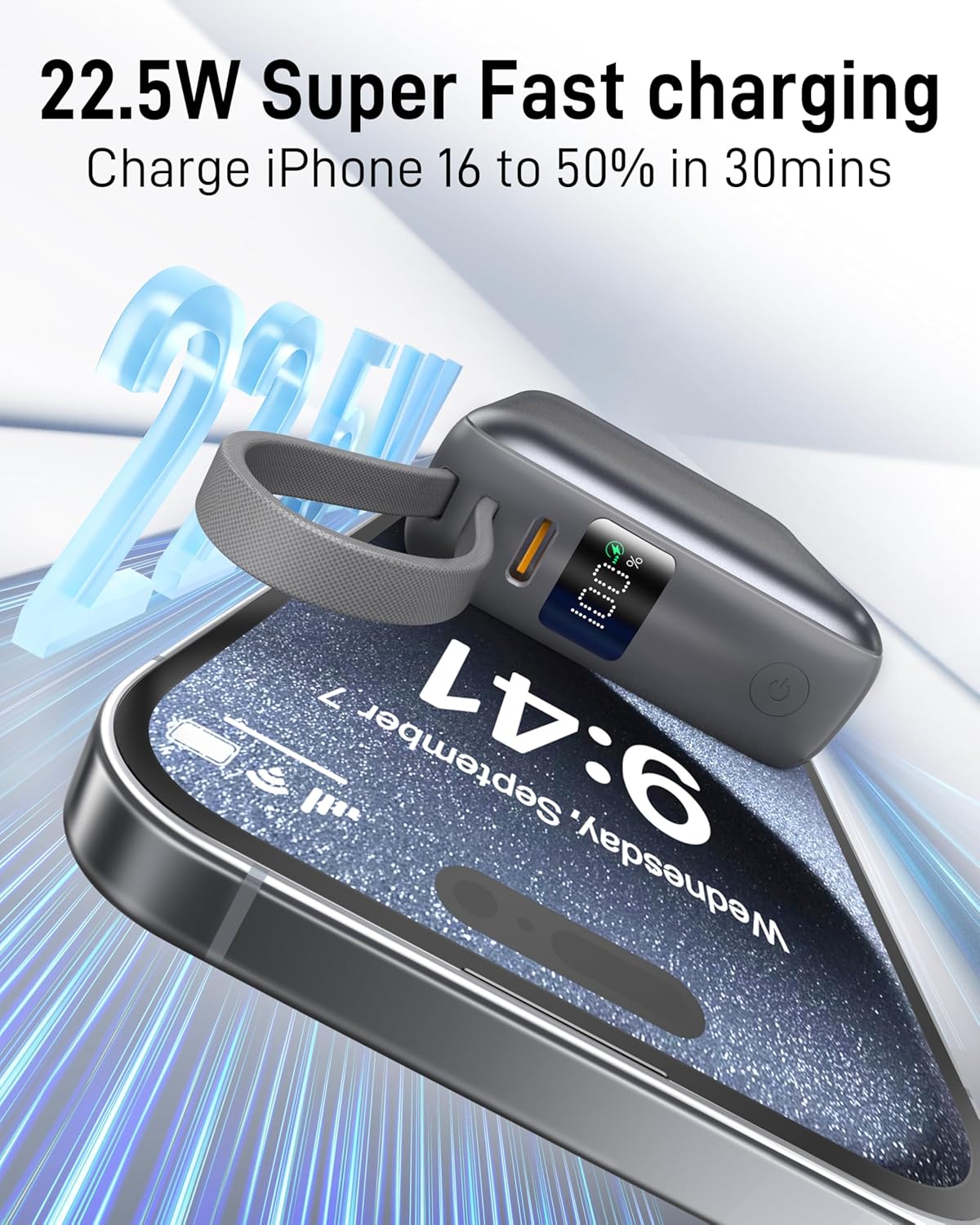 Small Portable Charger, 22.5W Fast Charging Mini Power Bank 10000mAh with Built-in Cables LED Display, Travel Essential USB-C Battery Pack Compatible with iPhone,Samsung,Android (Gray)