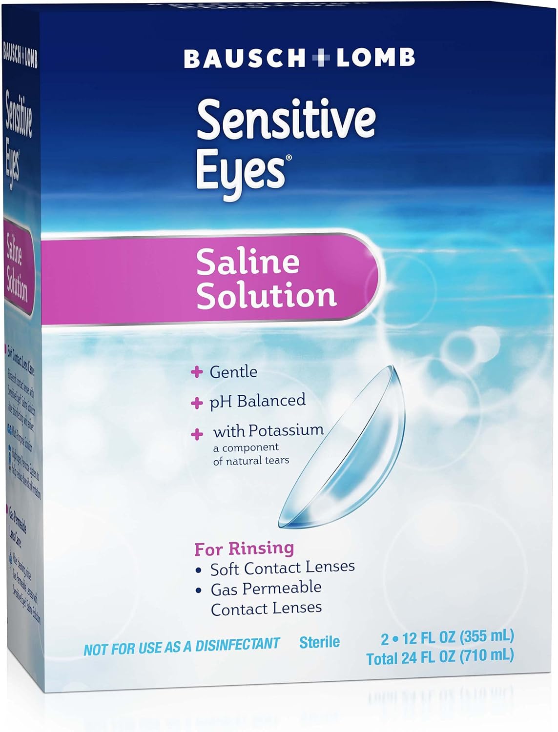 Bausch + Lomb Sensitive Eyes Saline Solution, Gentle Daily Rinse for Soft & Gas Permeable Contact Lenses, with Potassium, 12 Fl Oz (Pack of 2)