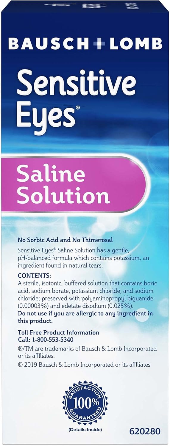 Bausch + Lomb Sensitive Eyes Saline Solution, Gentle Daily Rinse for Soft & Gas Permeable Contact Lenses, with Potassium, 12 Fl Oz (Pack of 2)