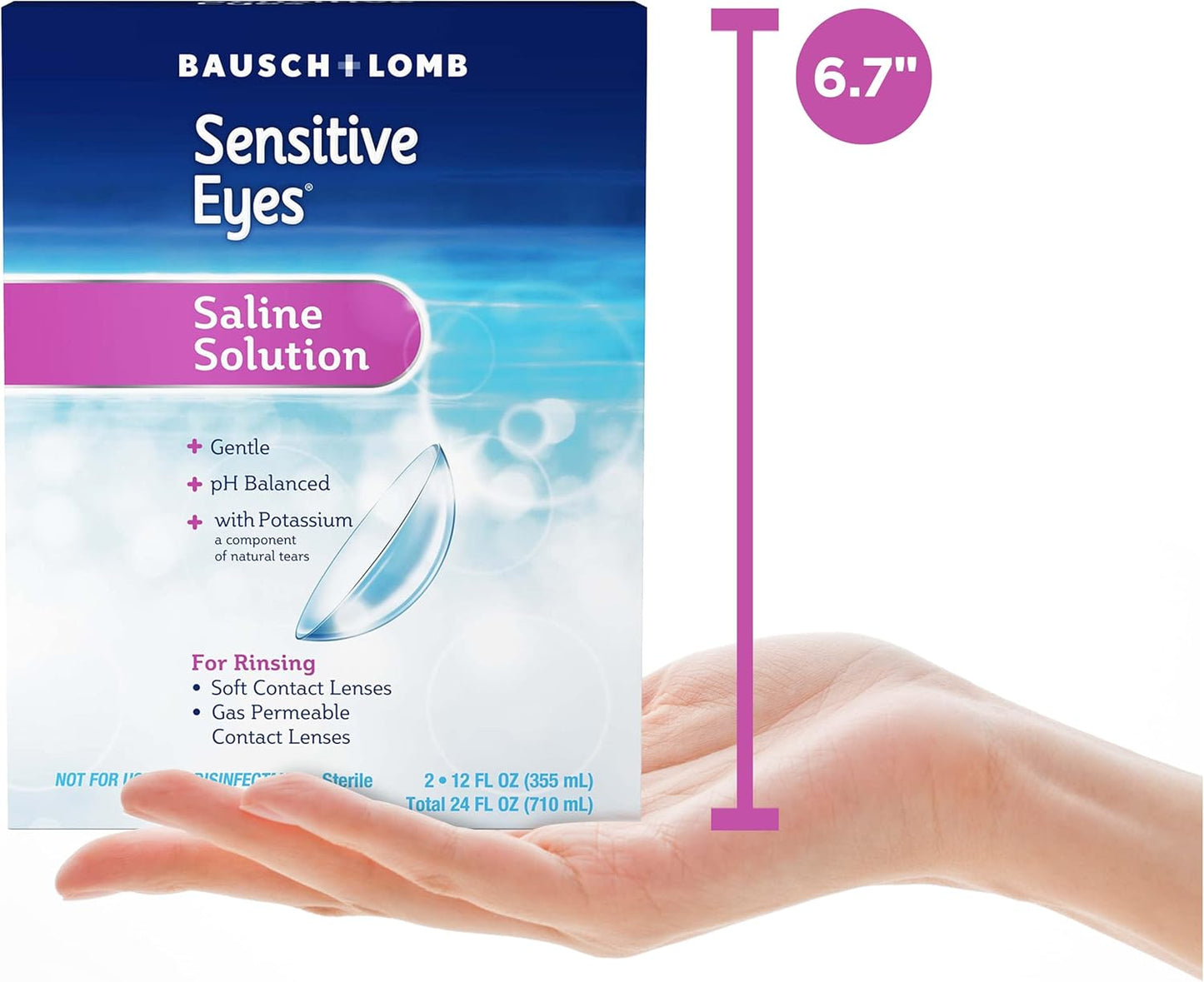 Bausch + Lomb Sensitive Eyes Saline Solution, Gentle Daily Rinse for Soft & Gas Permeable Contact Lenses, with Potassium, 12 Fl Oz (Pack of 2)