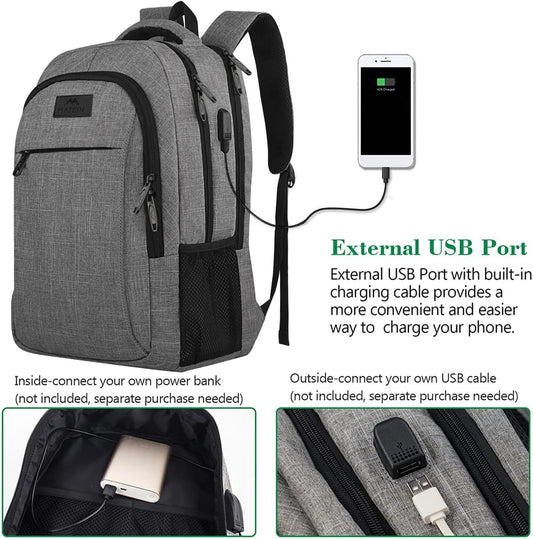 MATEIN Travel Laptop Backpack, Business Anti Theft Slim Sturdy Laptops Backpack with USB Charging Port, Water Resistant College School Computer Bag Gift for Men & Women Fits 15.6 Inch Notebook, Grey - PuriLite