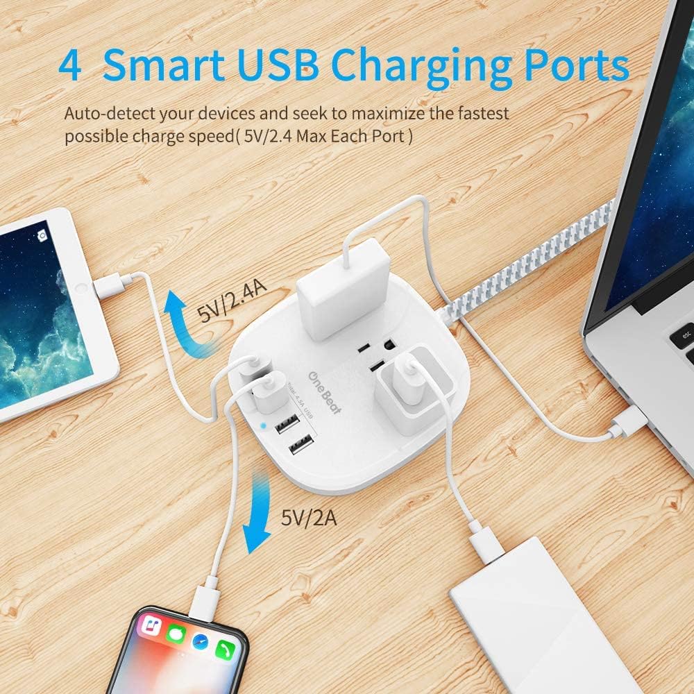 Flat Plug Power Bar Power Strip with 4 USB Ports, Power Strip with 3 Outlet Charger, Non Surge Protector Charging Station with 5 Feet Extension Cord for Home, Office, Cruise Ship Travel