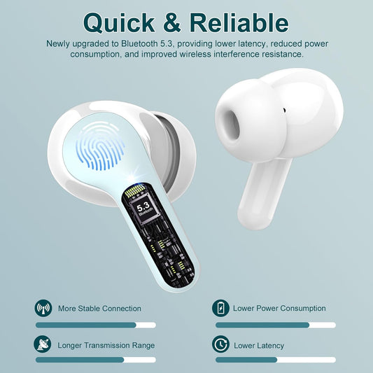 Wireless Earbuds, Bluetooth 5.4 Headphones HiFi Stereo, Bluetooth Earbuds with ENC Noise Cancelling Mic, IP7 Waterproof in Ear Earphones, 48H, LED Display Ear buds for Pad Workout Sports, Azure - PuriLite