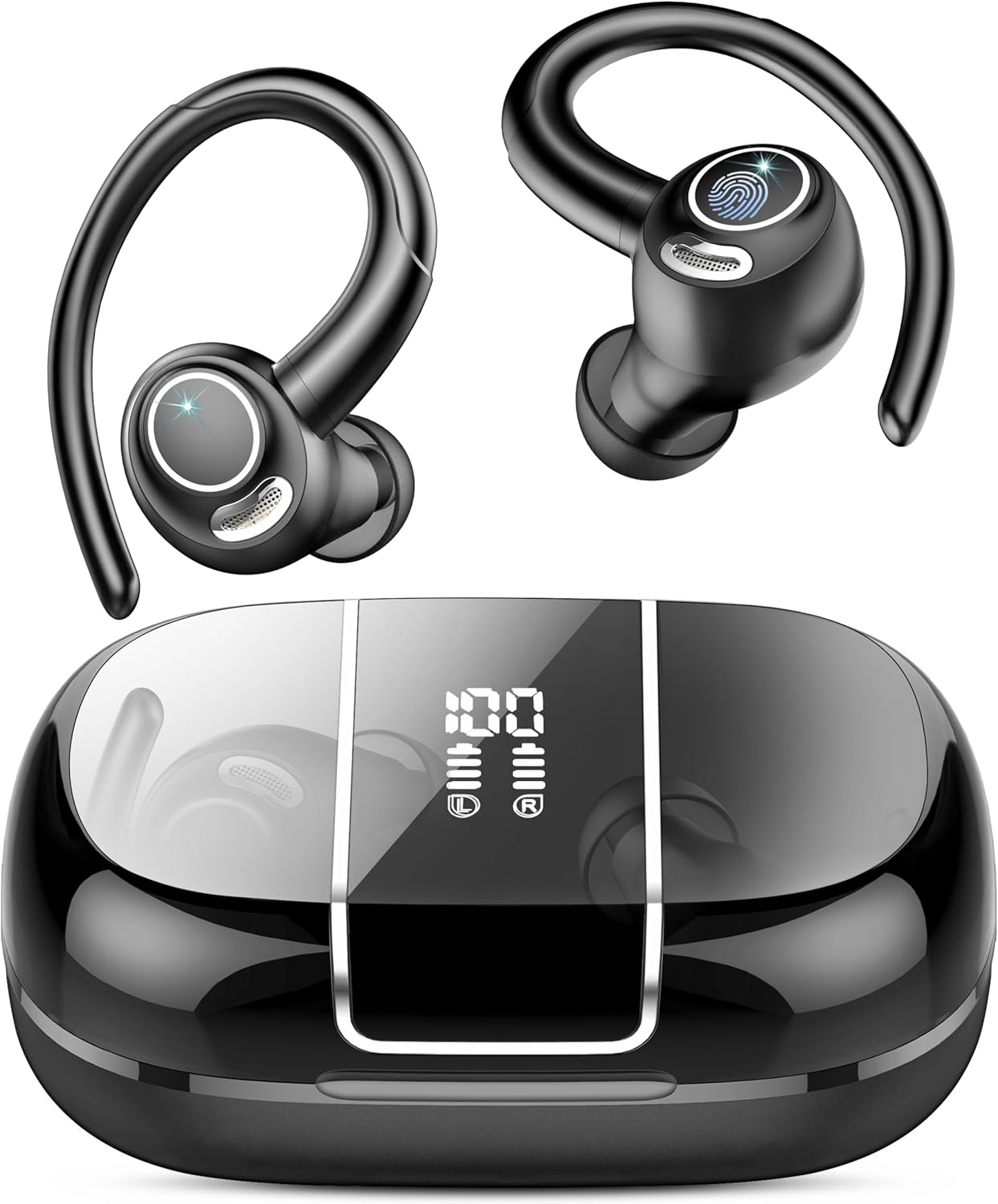 Wireless Earbuds Bluetooth 5.3 Headphones Sports, 48Hrs Playback Over Ear Buds with CVC8.0 Mic, Bass Stereo Bluetooth Earbuds with Earhooks, LED Display, IP7 Waterproof Earphones for Workout/Running