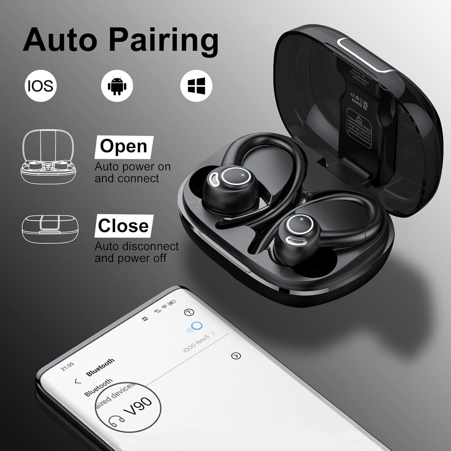 Wireless Earbuds Bluetooth 5.3 Headphones Sports, 48Hrs Playback Over Ear Buds with CVC8.0 Mic, Bass Stereo Bluetooth Earbuds with Earhooks, LED Display, IP7 Waterproof Earphones for Workout/Running