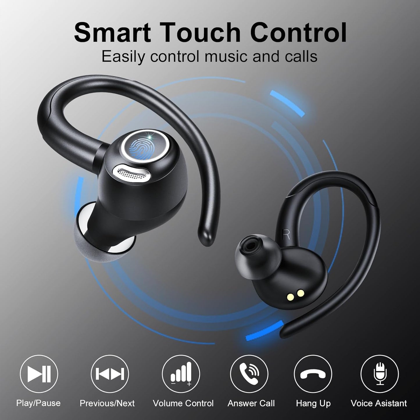 Wireless Earbuds Bluetooth 5.3 Headphones Sports, 48Hrs Playback Over Ear Buds with CVC8.0 Mic, Bass Stereo Bluetooth Earbuds with Earhooks, LED Display, IP7 Waterproof Earphones for Workout/Running