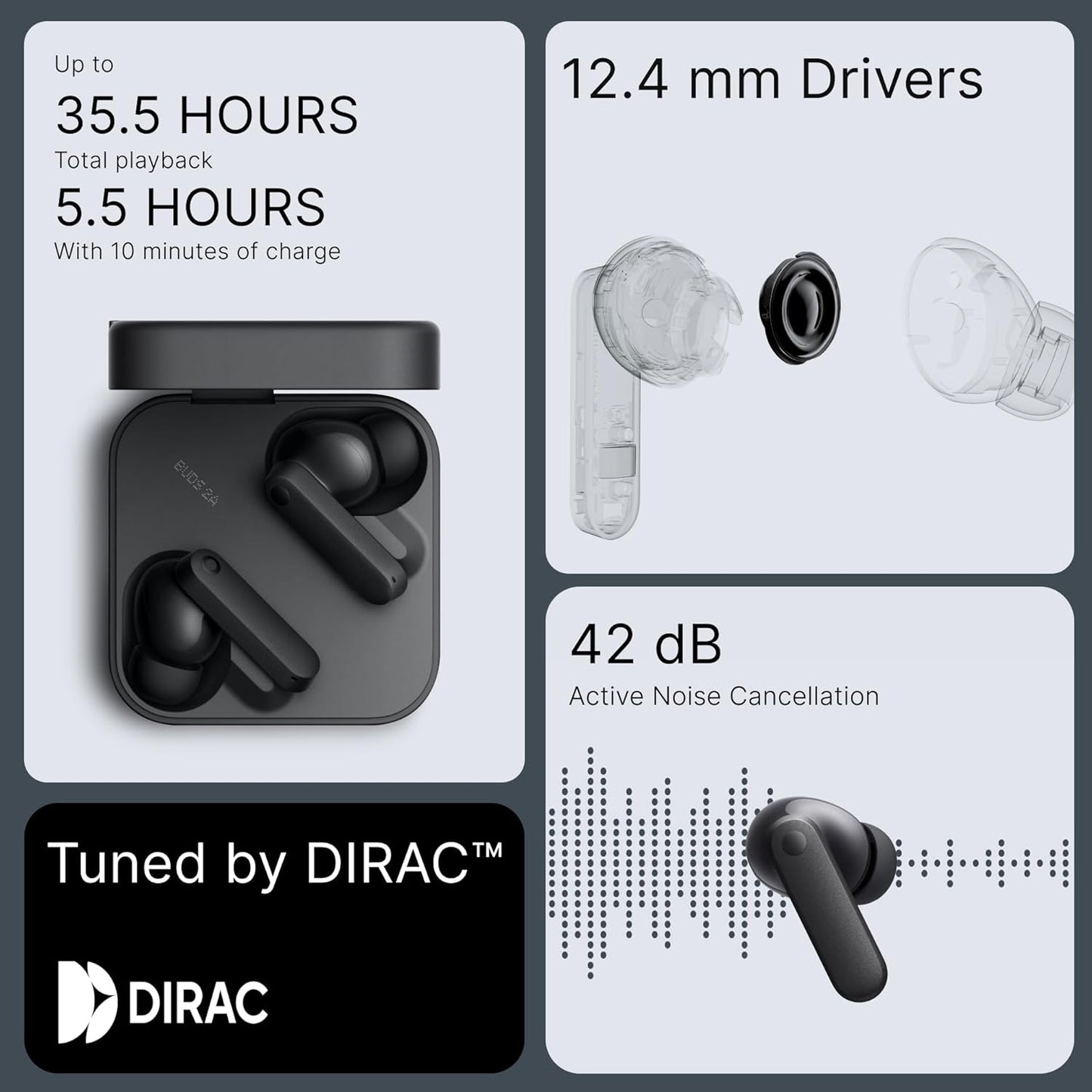 CMF Buds 2a Wireless Earbuds 2025 New Active Noise Cancelling 42dB Hybrid ANC Bluetooth Headphones, 12.4mm Dynamic Driver for Big Bass, 4 Mic Clear Calls, Sport Ear Buds for iPhone, Android, Dark Grey